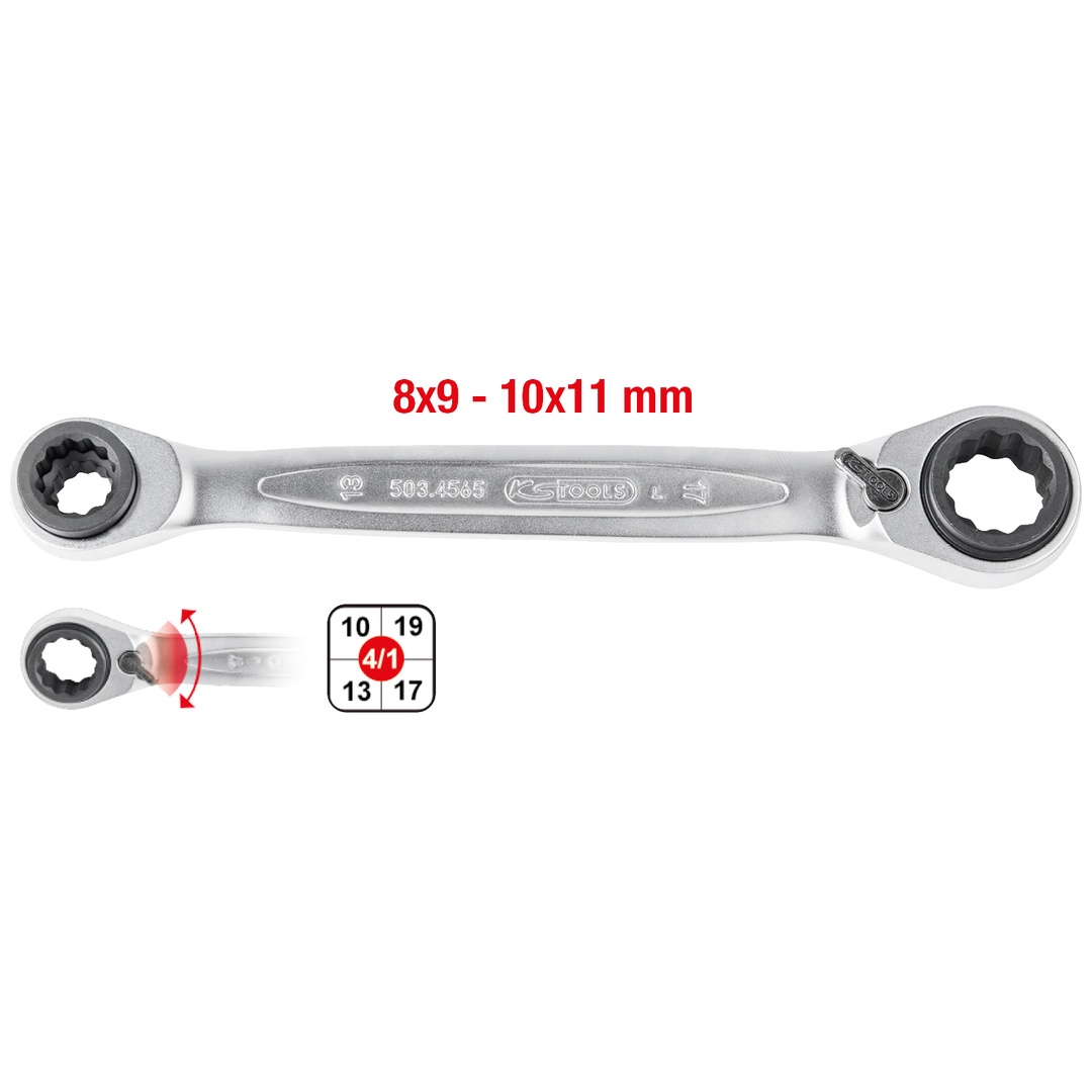 KS Tools 4 in 1 GEARplus Doppel-Ratschenringschlüssel, umschaltbar, 8x9x10x11 mm