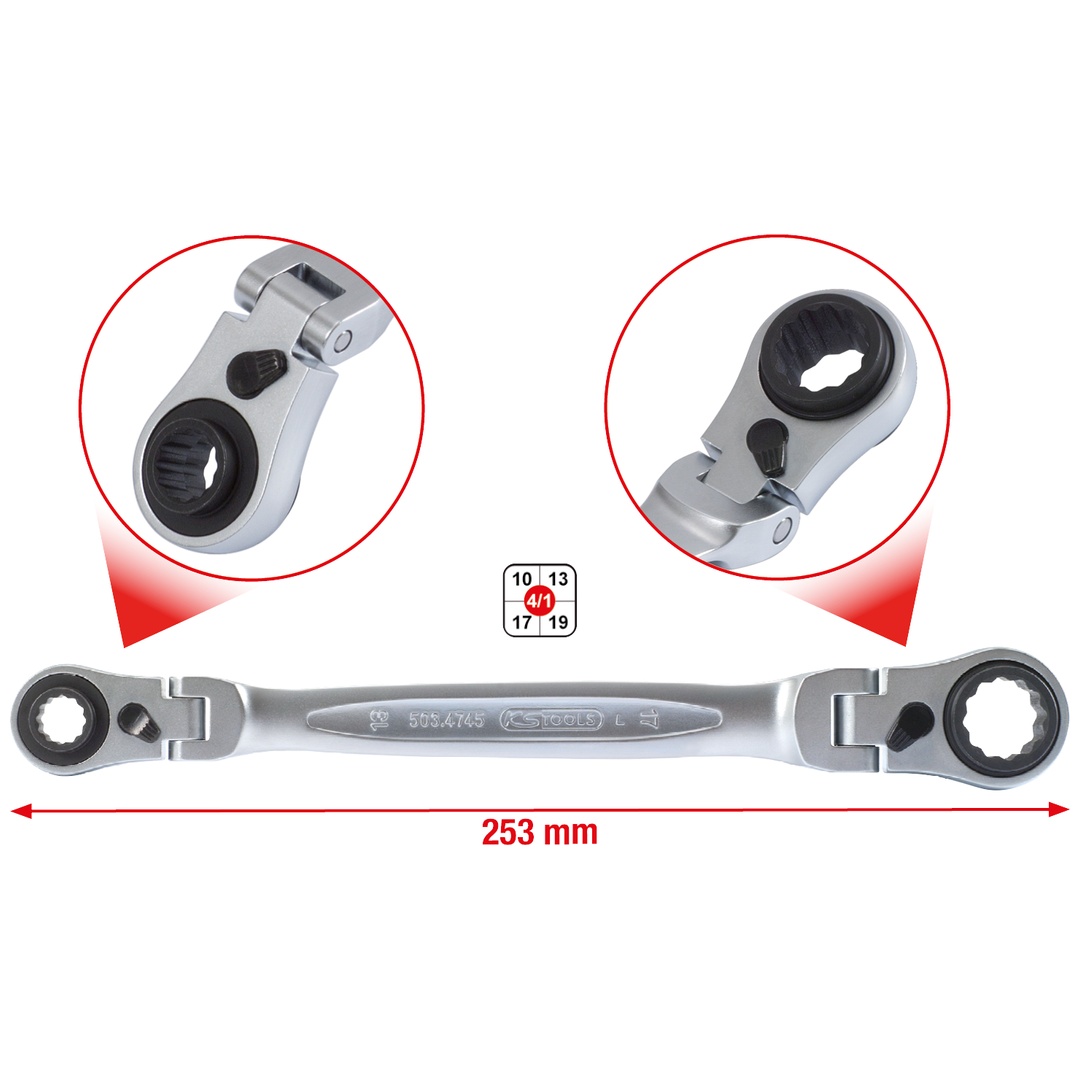KS Tools 4 in 1 GEARplus umschaltbar Gelenk-Doppel-Ringschlüssel, 10x13-17x19 mm