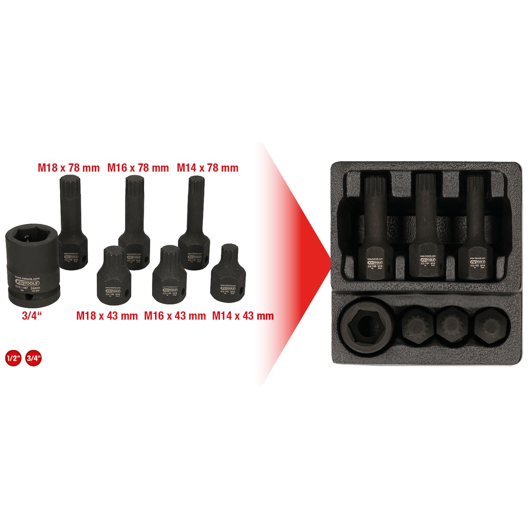 KS Tools 1/2 Spezial-Kraft-Bit-Stecknuss-Satz Vielzahn, 7-tlg. M14-M18