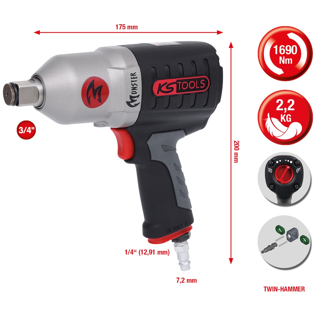 KS Tools 3/4 MONSTER Hochleistungs-Druckluft-Schlagschrauber, 1690 Nm