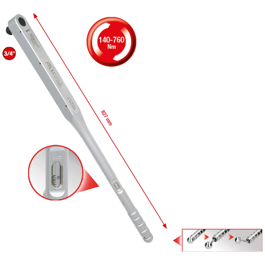 KS Tools 3/4ALUTORQUEprecision-Drehmomentschlüssel, 140-760 Nm, Rechtsanzug, Einzelvierkant
