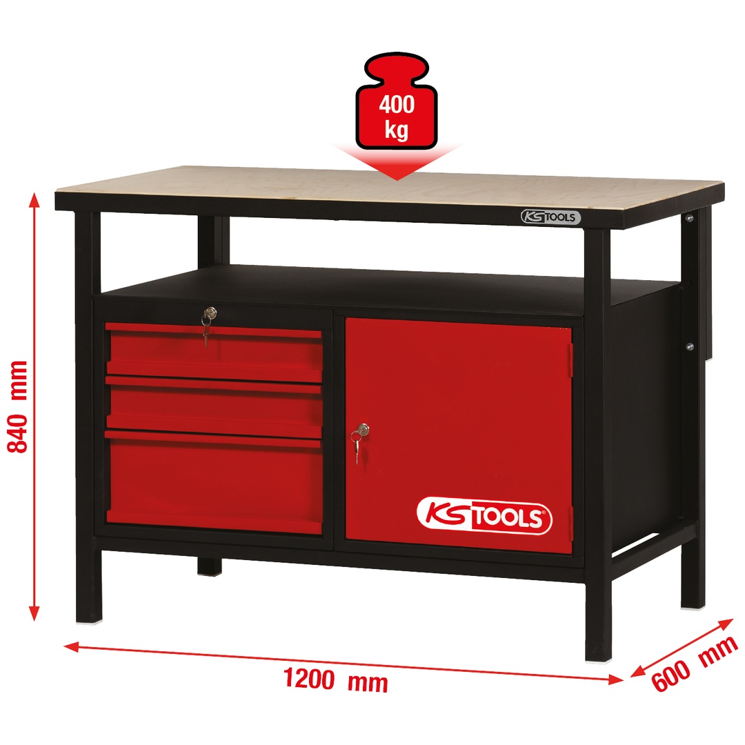 KS Tools Werkbank mit 3 Schubladen und 1 Tür, H840xB1200xT600 mm