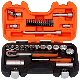 Bahco 1/4" und 3/8" Steckschlüssel-Satz, Zoll, Sechskant, inklusive Umschaltknarre - 34-tlg.