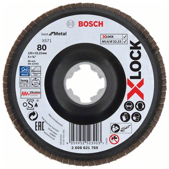 Bosch X-LOCK Fächerschleifscheibe, X571, Best for Metal, gewinkelt, Ø125 mm, G 80, 1 Stk.