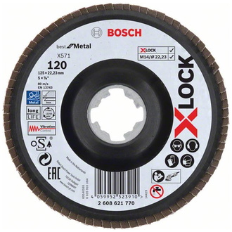 Bosch X-LOCK Fächerschleifscheibe, X571, Best for Metal, gewinkelt, Ø125 mm, G 120, 1 Stk.