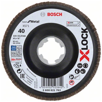 Bosch X-LOCK Fächerschleifscheibe, geschränkte Ausführung, Ø115 mm, G 60, X571, Best for Metal, 1 Stk.