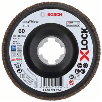 Bosch X-LOCK Fächerschleifscheibe, X571, Best for Metal, gewinkelt, Ø115 mm, K 60, 1 Stk.