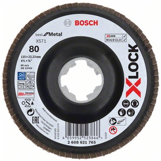 Bosch X-LOCK Fächerschleifscheibe, X571, Best for Metal, gewinkelt, Ø115 mm, G 80, 1 Stk.