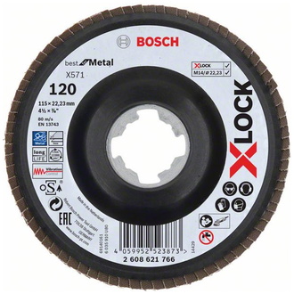 Bosch X-LOCK Fächerschleifscheibe, X571, Best for Metal, gewinkelt, Ø115 mm, G 120, 1 Stk.