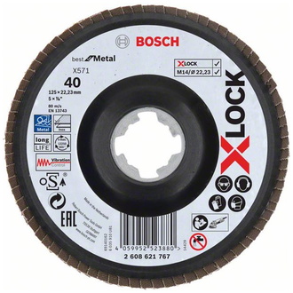 Bosch X-LOCK Fächerschleifscheibe, X571, Best for Metal, gewinkelt, Ø125 mm, G 40, 1 Stk.