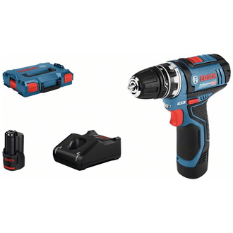 Bosch Akku-Bohrschrauber GSR 12V-15 FC, incl. 2x Akku GBA 2 Ah, Schnellladegerät, Aufsatz, L-BOXX