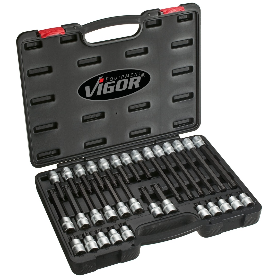 VIGOR Schraubendrehereinsatz Satz, 1/2 (12,5 mm) Vierkant hohl, Innen TX Profil, 32-tlg., T20 - T70, Anzahl Werkzeuge: 32
