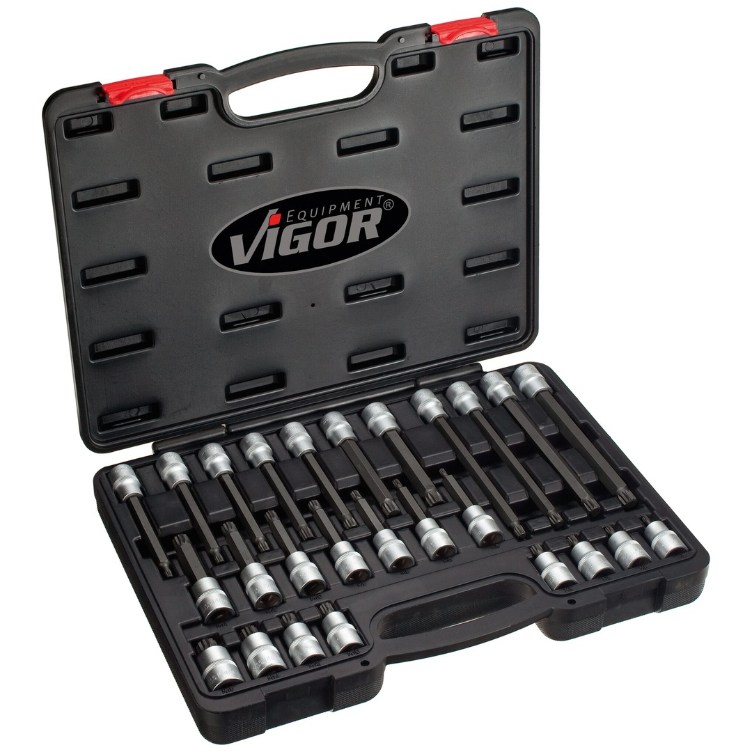 VIGOR Schraubendrehereinsatz Satz, 1/2 (12,5 mm) Vierkant hohl, Innen Vielzahn Profil XZN, 26-tlg., M5 - M16, Anzahl Werkzeuge: 26