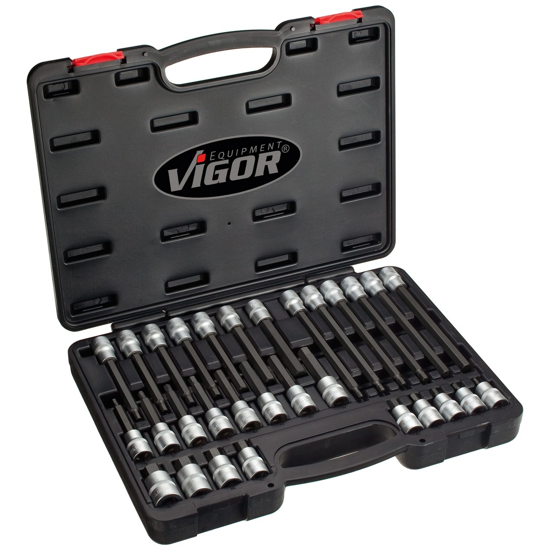 VIGOR Schraubendrehereinsatz Satz, 1/2 (12,5 mm) Vierkant hohl, Innen Sechskant Profil, 30-tlg., 5 - 19, Anzahl Werkzeuge: 30