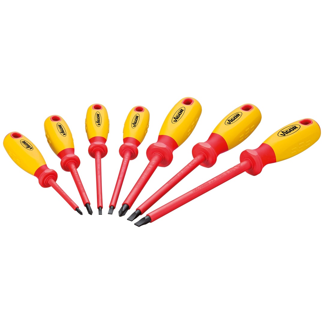 VIGOR VDE Schraubendreher Satz, Kreuzschlitz Profil PH, Schlitz Profil, 7-tlg., 0,5 x 3 - 1,2 x 6,5, PH0 - PH2, Anzahl Werkzeuge: 7