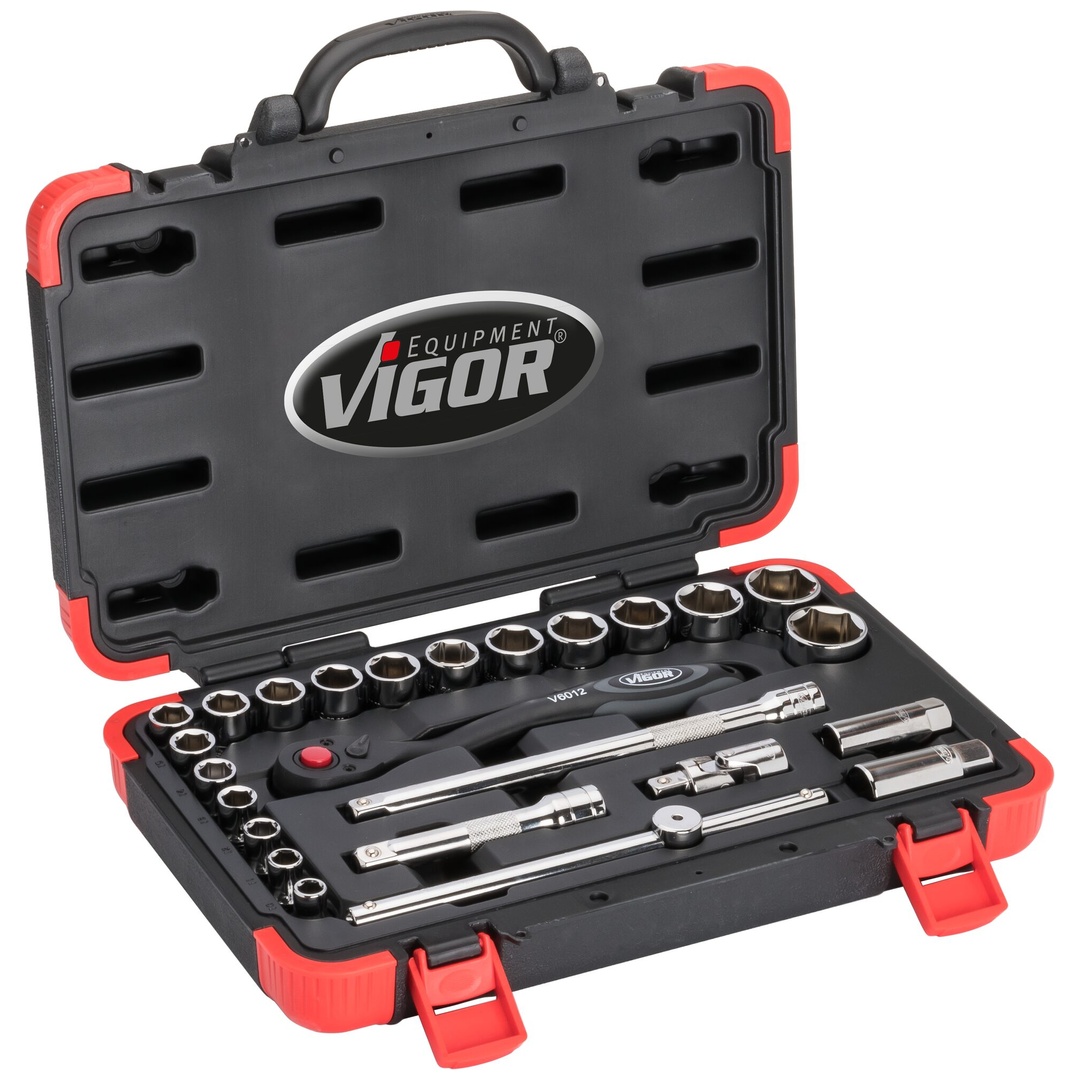 VIGOR Steckschlüssel Satz, 1/2 (12,5 mm) Vierkant hohl, Außen Sechskant Profil, 25-tlg., 10 - 32, Anzahl Werkzeuge: 25