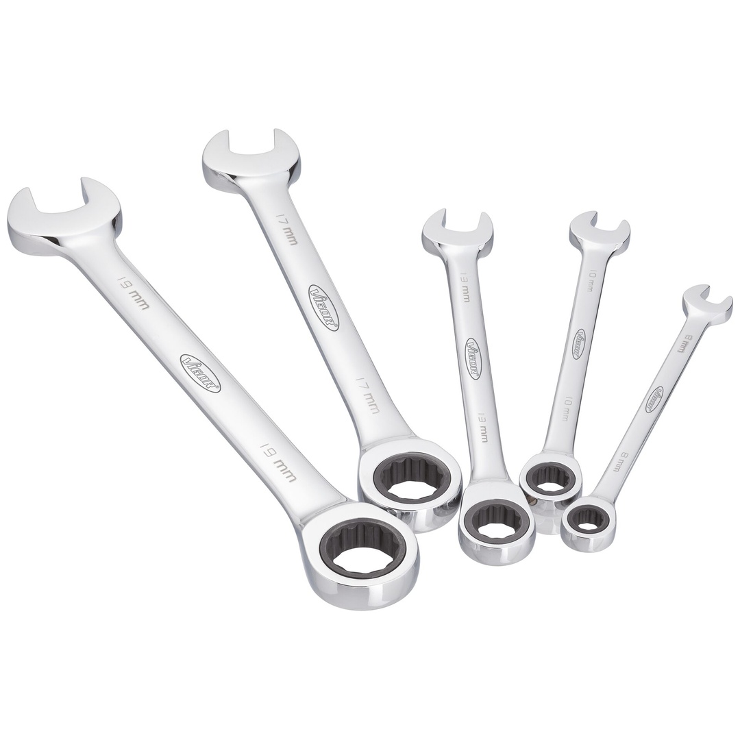 VIGOR Ratschen-Ring-Maulschlüssel Satz, lang, Außen Doppelsechskant Profil, Außen Sechskant Profil, 5-tlg., 8, 10, 13, 17, 19 mm, Anzahl Werkzeuge: 5