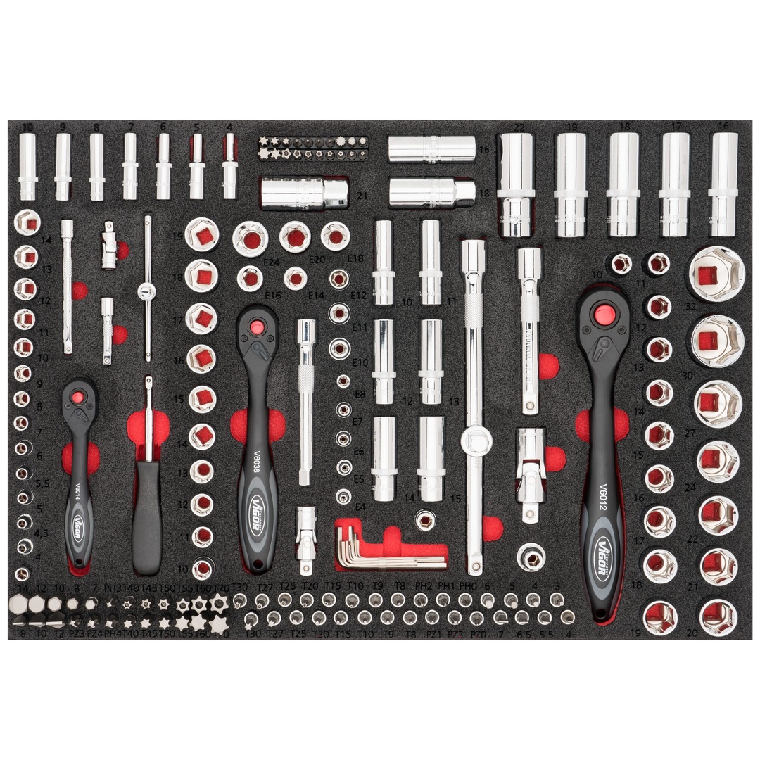 VIGOR Steckschlüssel Werkzeug Satz, 1/4 (6,3 mm) Vierkant hohl, 3/8 (10 mm) Vierkant hohl, 1/2 (12,5 mm) Vierkant hohl, 1/4 (6,3 mm) Sechskant mas