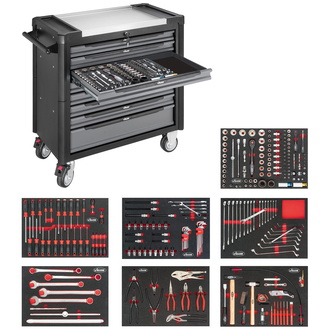 VIGOR Werkstattwagen Series XL, Edelstahl-Arbeitsplatte, Sortiment für VW und Audi, Anzahl Werkzeuge: 255