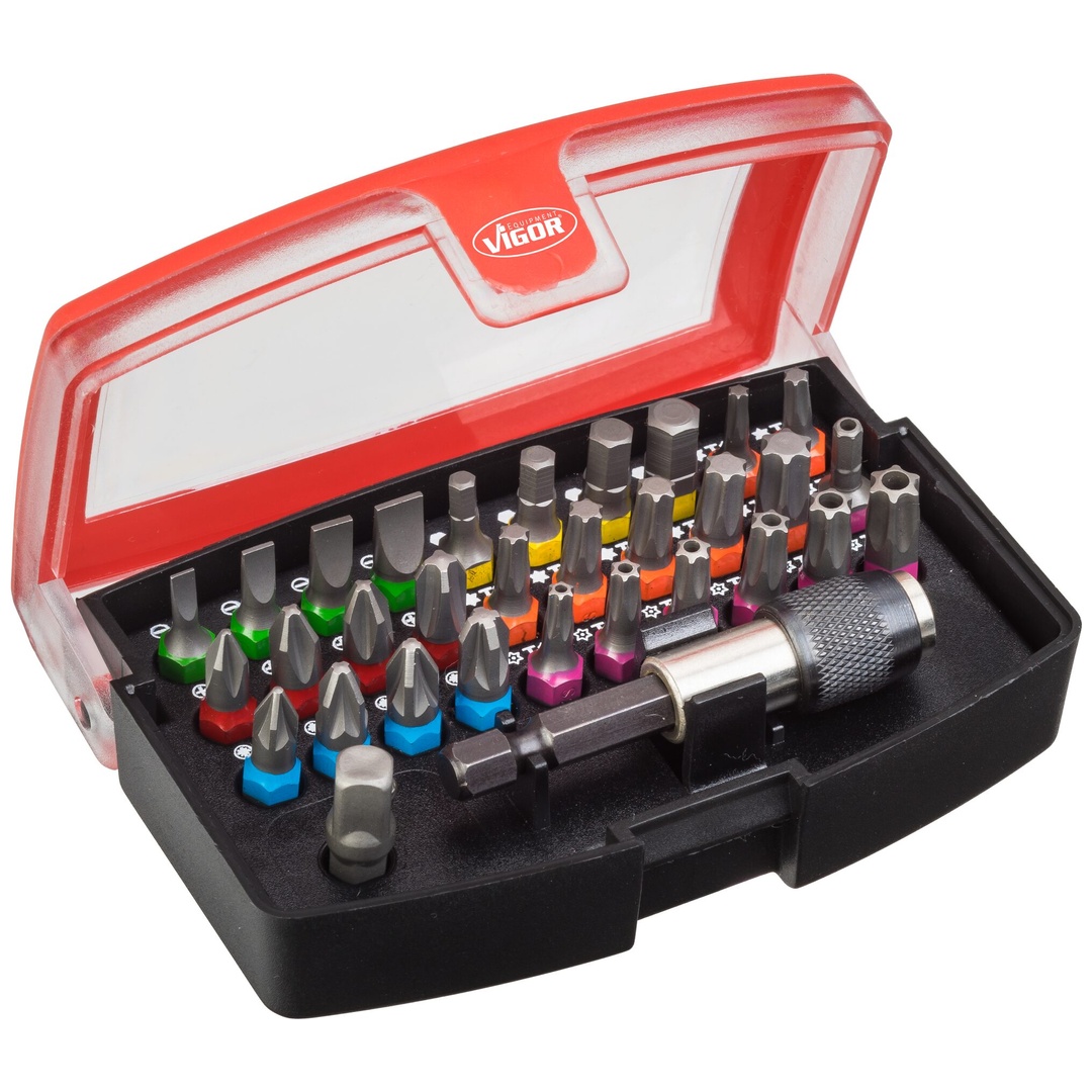 VIGOR Bit Box, 1/4 (6,3 mm) Sechskant massiv, Schlitz Profil, Innen Sechskant Profil, Kreuzschlitz Profil PH, Pozidriv Profil PZ, Innen TX Profil, Ta
