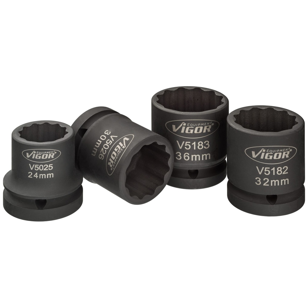 VIGOR Schlagschrauber Steckschlüsseleinsatz Satz, V5024, 3/4 (20 mm) Vierkant hohl, Außen Doppelsechskant Profil, 4-tlg., 24, 30, 32, 36, Anzahl Werk