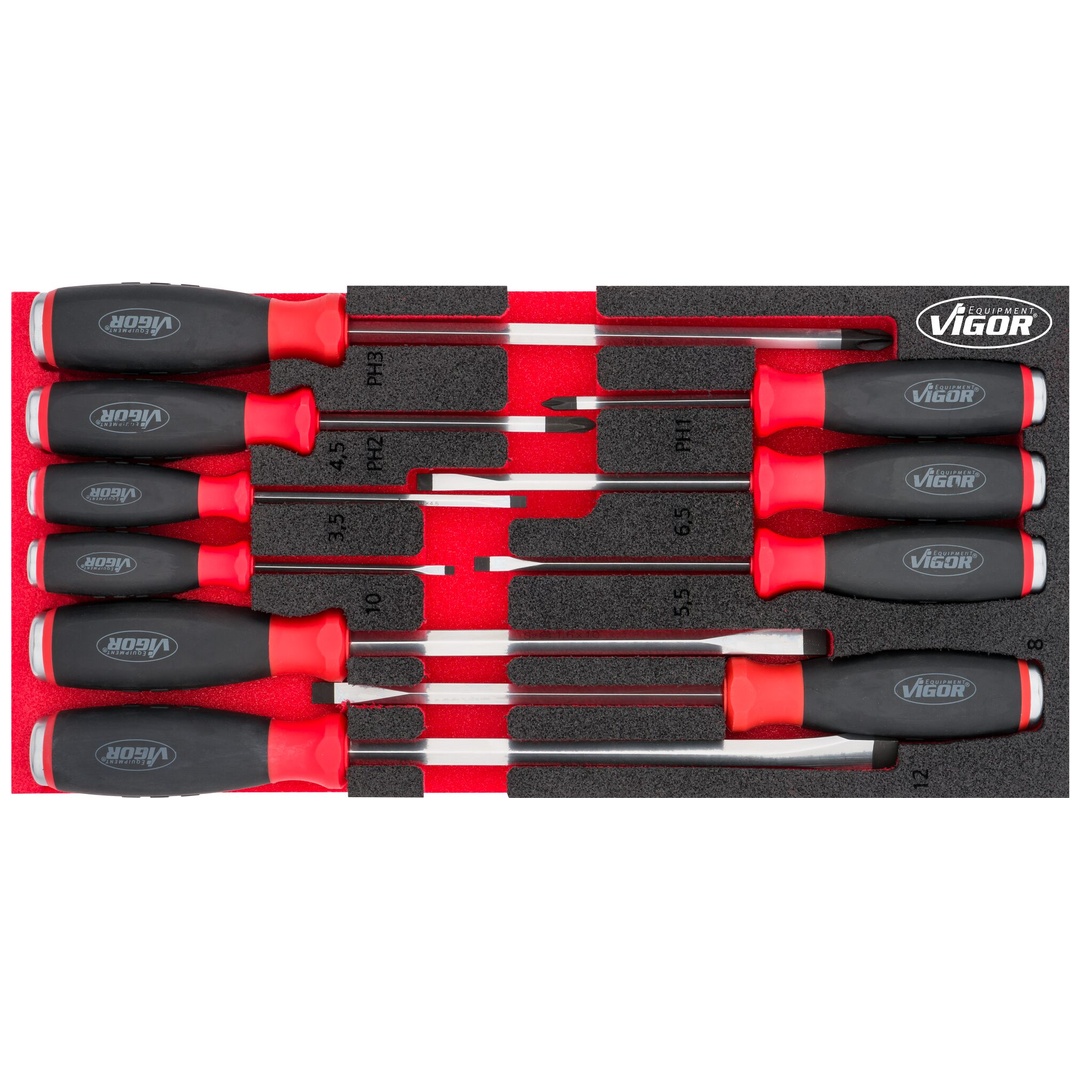 VIGOR Schraubendreher Satz, mit Schlagkappe, Kreuzschlitz Profil PH, Schlitz Profil, 10-tlg., 0,6 x 3,5 - 2 x 12, PH1 - PH3, Anzahl Werkzeuge: 10