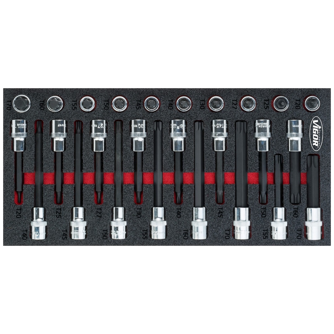 VIGOR Schraubendrehereinsatz Satz, 1/2 (12,5 mm) Vierkant hohl, Innen TX Profil, 26-tlg., T20 - T70, Anzahl Werkzeuge: 26