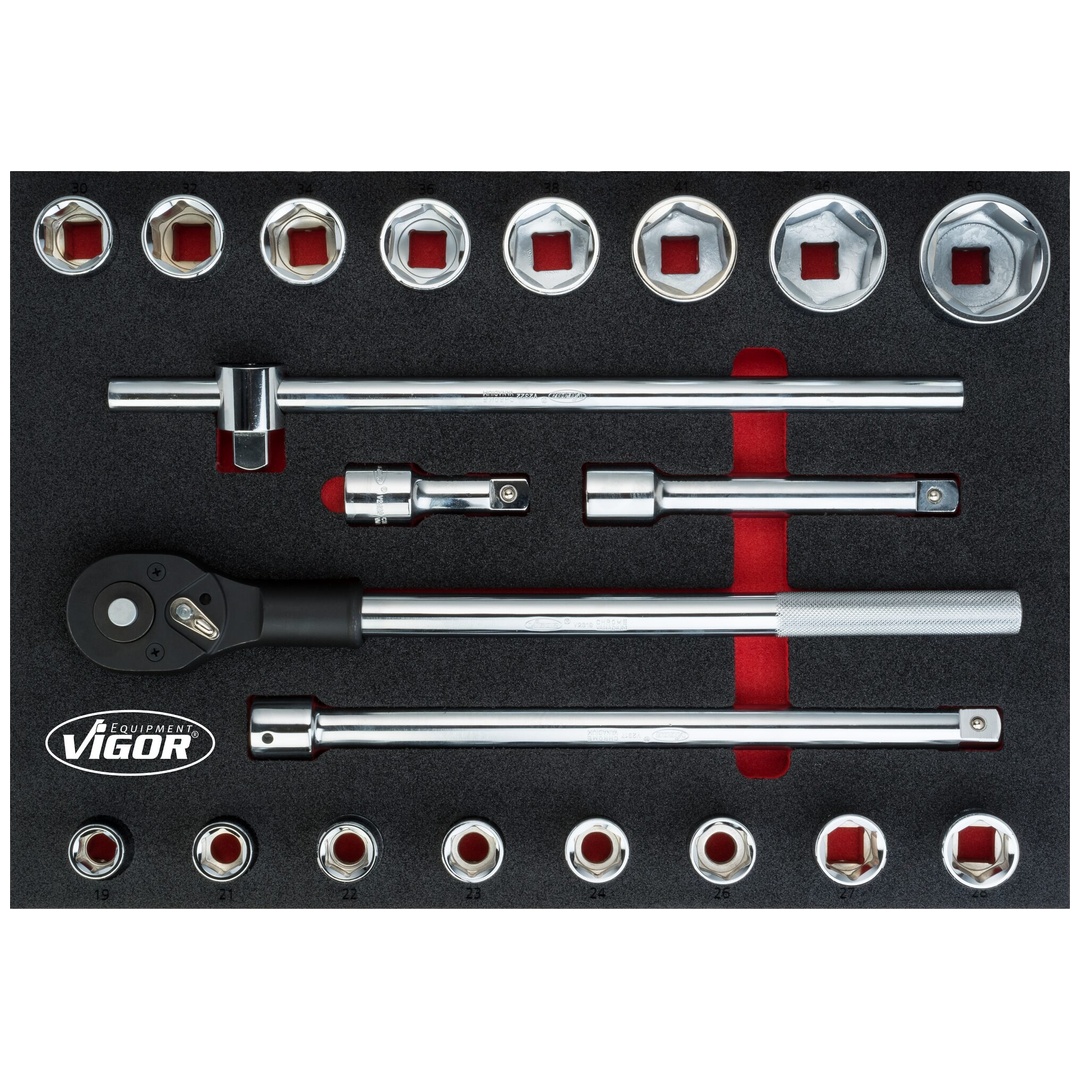 VIGOR Steckschlüssel Satz, V5109, 3/4 (20 mm) Vierkant hohl, Außen Sechskant Profil, 21-tlg., 19 - 50, Anzahl Werkzeuge: 21