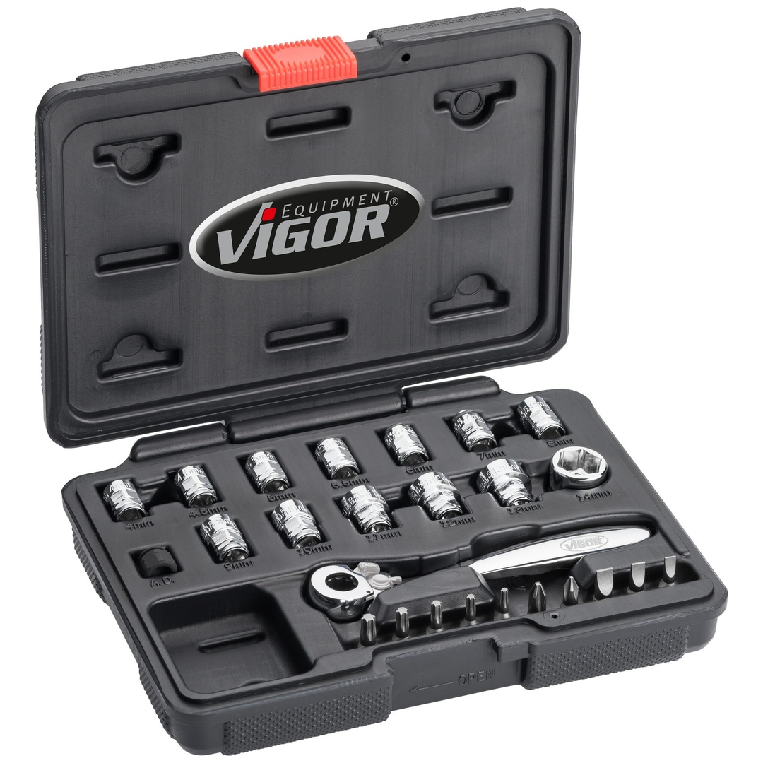 VIGOR Steckschlüssel Satz, superflach, 1/4 (6,3 mm) Vierkant hohl, Außen Sechskant Profil, 25-tlg., 4 - 14, Anzahl Werkzeuge: 25