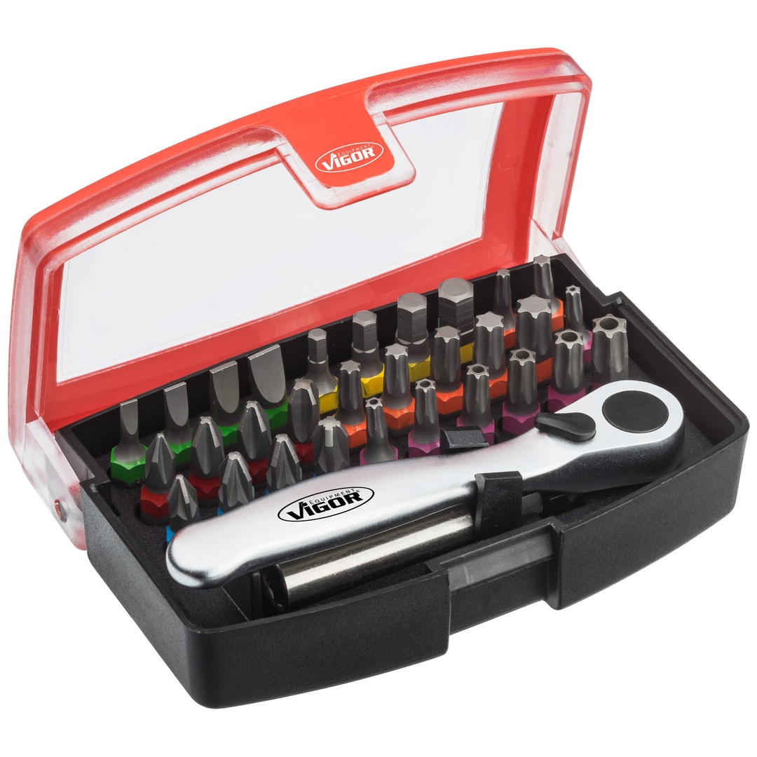 VIGOR Bit Box, 1/4 (6,3 mm) Sechskant massiv, Schlitz Profil, Innen Sechskant Profil, Kreuzschlitz Profil PH, Pozidriv Profil PZ, Innen TX Profil, Ta