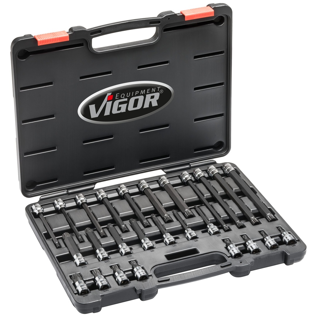 VIGOR Schraubendrehereinsatz Satz, 3/8 (10 mm) Vierkant hohl, Innen Vielzahn Profil XZN, 26-tlg., M5 - M16, Anzahl Werkzeuge: 26
