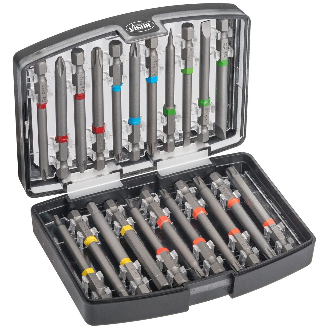 VIGOR Bit Box, 1/4 (6,3 mm) Sechskant massiv, Schlitz Profil, Innen Sechskant Profil, Kreuzschlitz Profil PH, Pozidriv Profil PZ, Innen TX Profil, 22