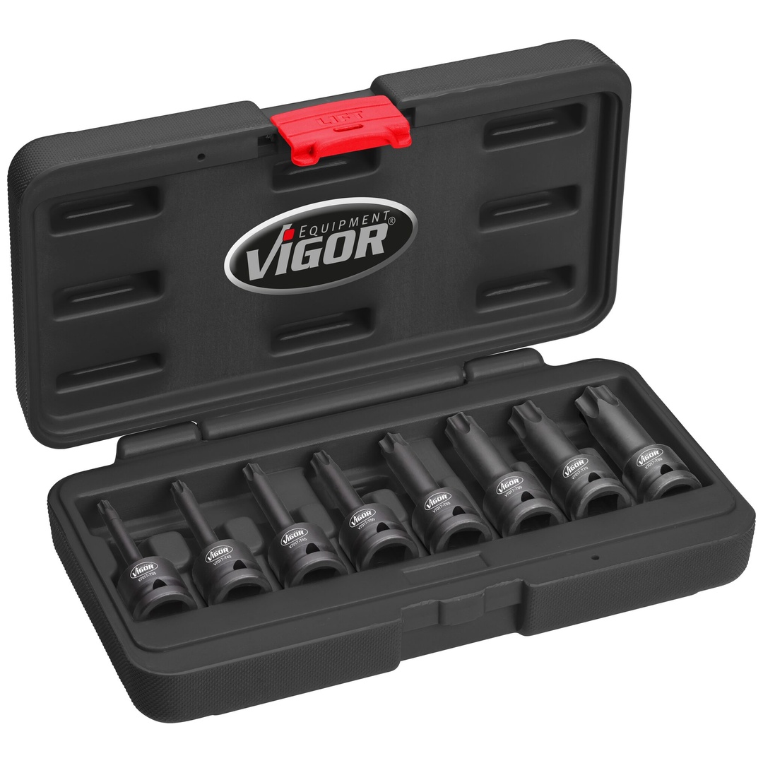 VIGOR Schlagschrauber Schraubendrehereinsatz Satz, 1/2 (12,5 mm) Vierkant hohl, Innen TX Profil, 8-tlg., T30 - T80, Anzahl Werkzeuge: 8