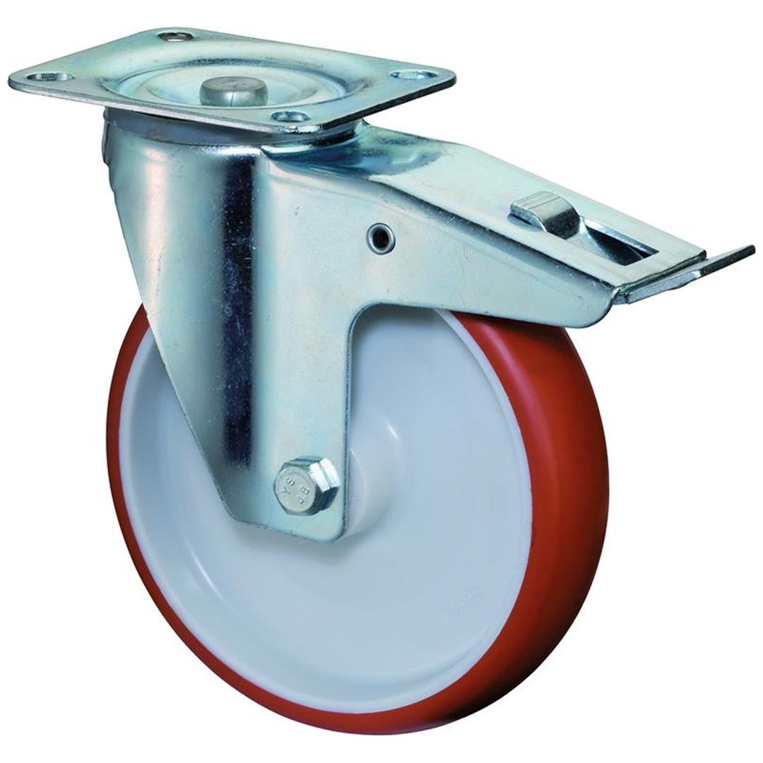 BS Rollen Lenkrolle mit Totalfeststeller Rollenlager, Rad-Ø 100 mm, Tragf. 125 kg, Polyurethan rot, Platte, Bauhöhe 128 mm