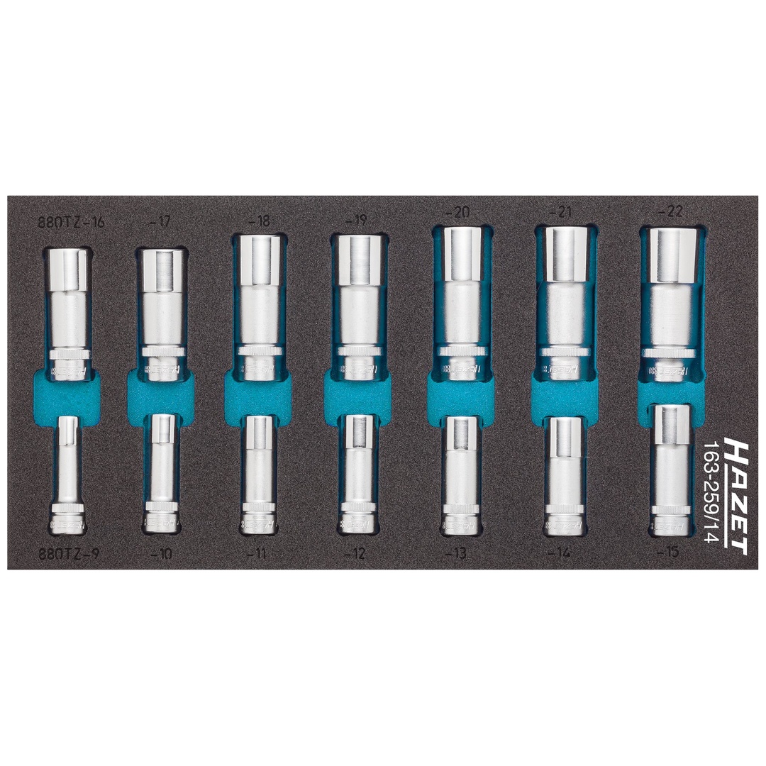 Hazet Steckschlüssel Satz 3/8 (10 mm) Vierkant hohl, Außen Doppelsechskant-Tractionsprofil, 14-tlg., 9 - 22