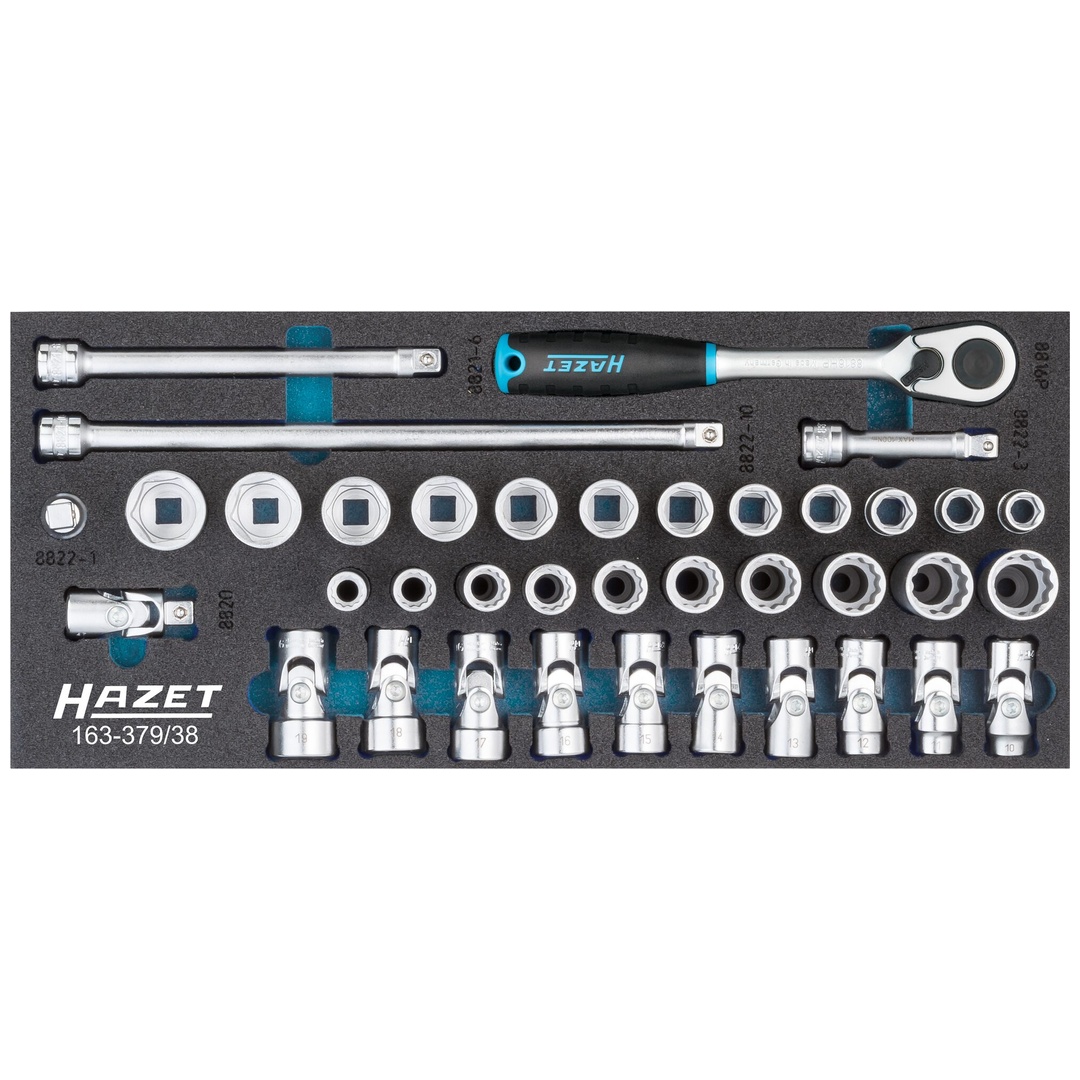Hazet Steckschlüssel Satz 3/8 (10 mm) Vierkant hohl, Außen Doppelsechskant-Tractionsprofil, Außen Sechskant-Tractionsprofil, 38-tlg., 10 - 22