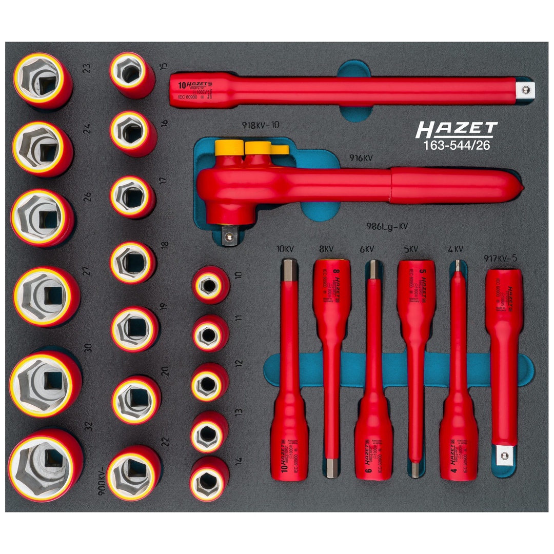 Hazet Steckschlüssel Satz, schutzisoliert 1/2 (12,5 mm) Vierkant hohl, Außen Sechskant-Tractionsprofil, Innen Sechskant, 26-tlg., 10 - 32