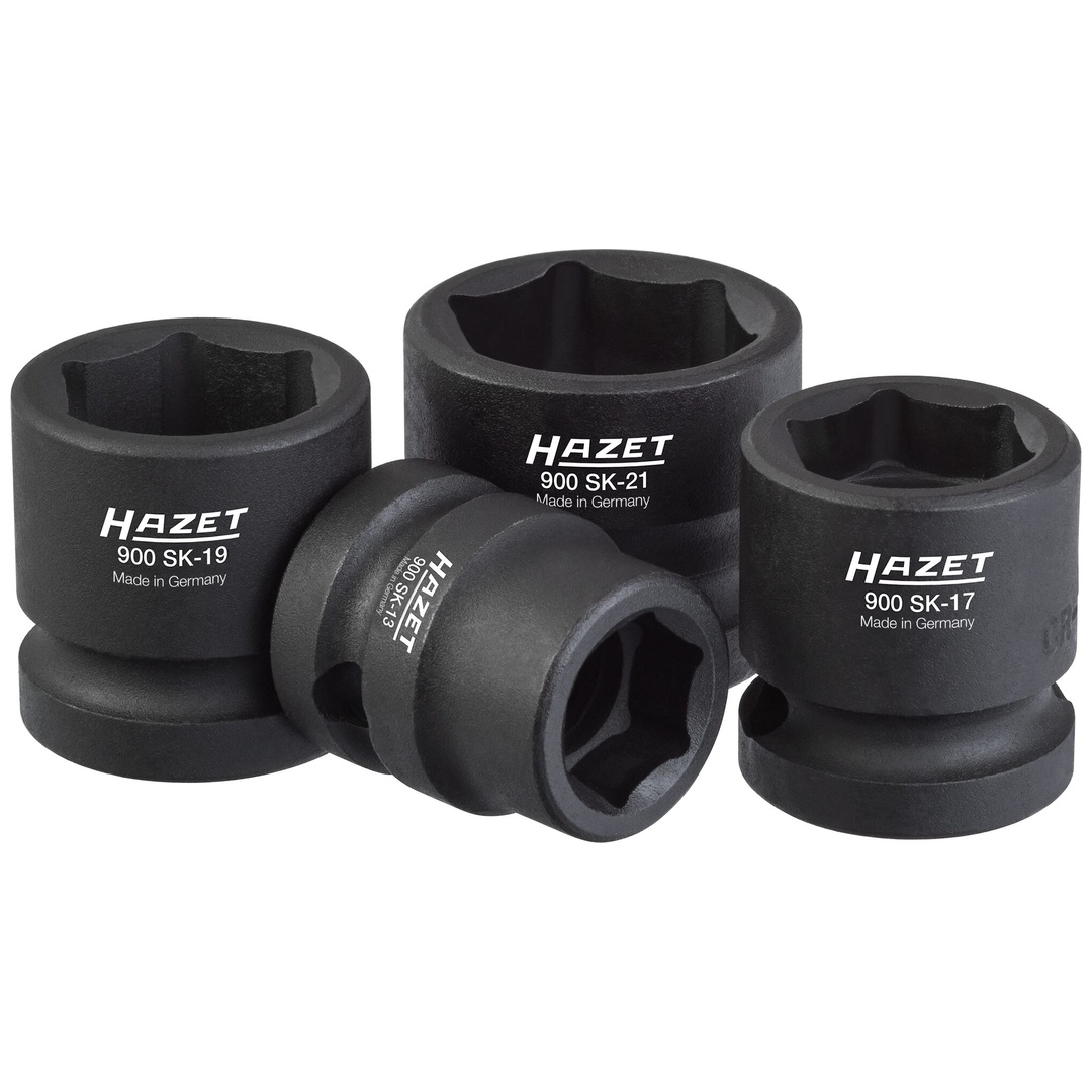 Hazet Schlag-Maschinenschrauber Steckschlüsseleinsatz Satz 900SK/4, 1/2 (12,5 mm) Vierkant hohl, Außen Sechskant-Tractionsprofil, 4-tlg., 13, 17, 19,