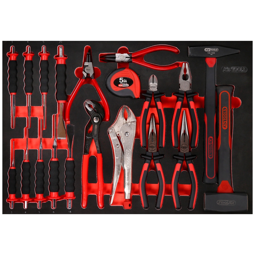KS Tools Zangen- / Hammer- / und Meißel-Satz in Schaumstoffeinlage, 22-tlg.