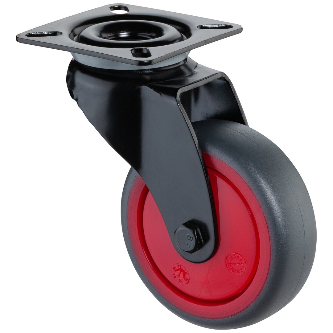 BS Rollen BS Lenkrolle Rad-Ø 75 mm Tragfähigkeit 60 kg, mit Anschraubplatte Kugellager, Gummi grau
