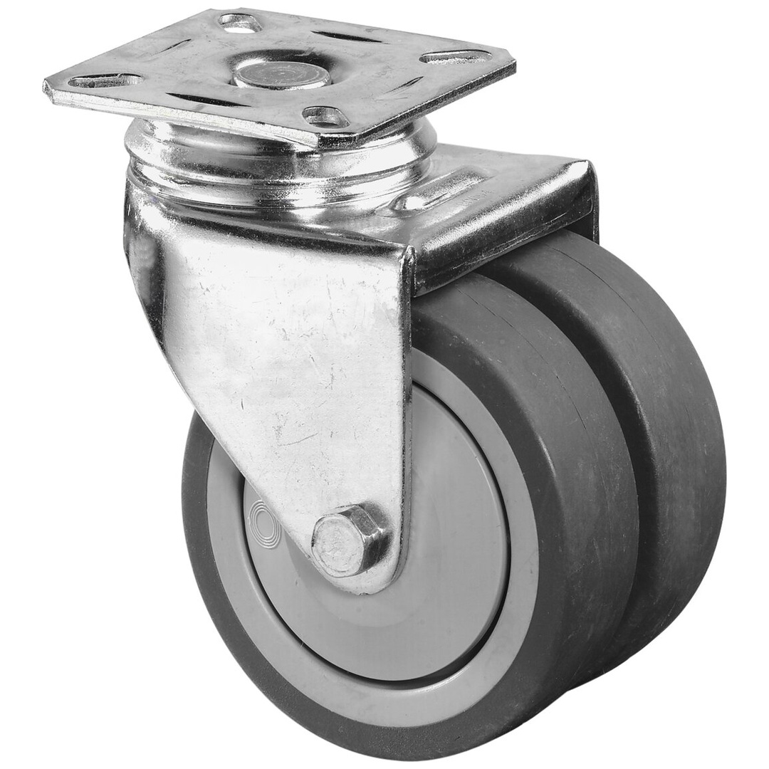 BS Rollen BS Appartedoppelrolle B100, Lenkrolle, Rad-Ø 75 mm, Tragkr. 80 kg, Platte 77x67, Kugellager, thermopl. Gummi grau