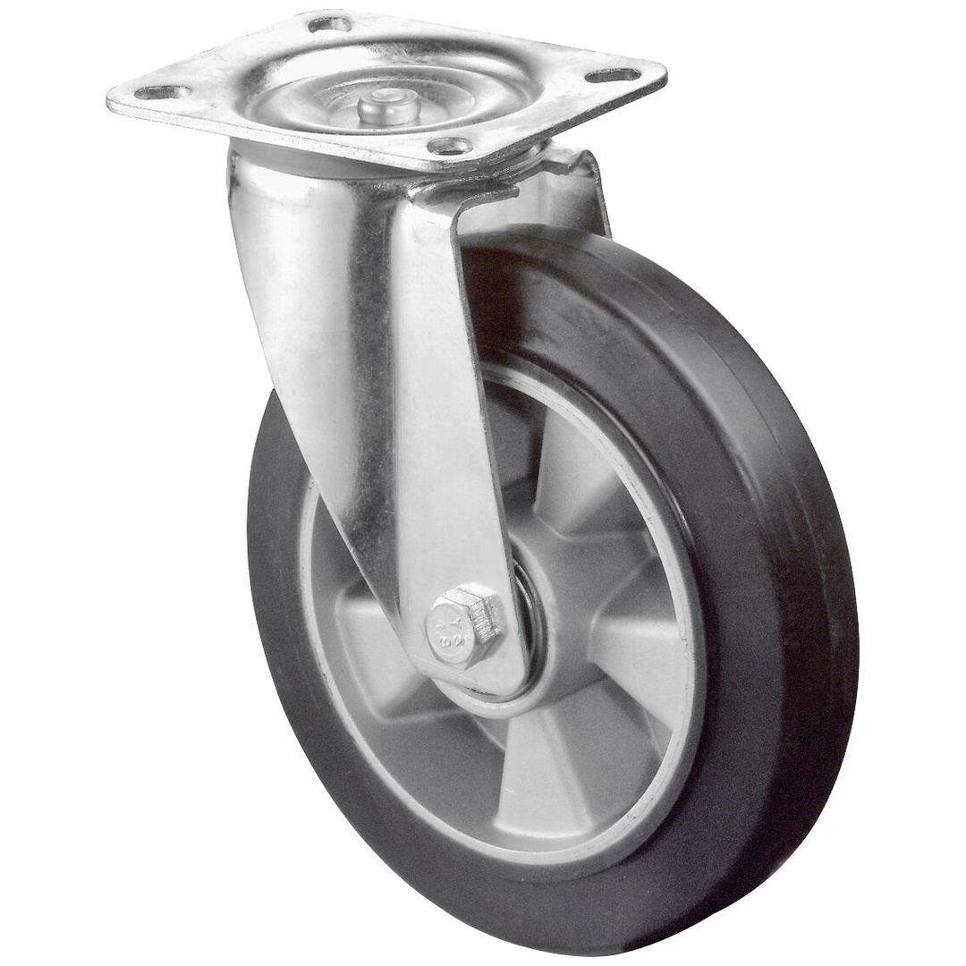 BS Rollen Transportrolle, Lenkrolle, Rad-Ø 250 mm, Tragf. 450 kg, Elastik schwarz, Bauhöhe 304 mm, Kugellager