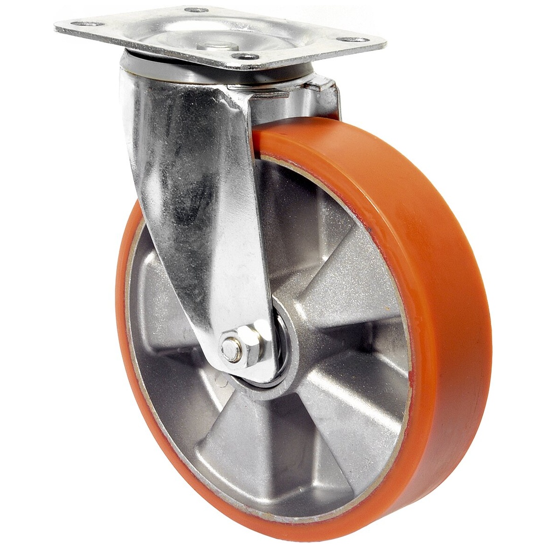 BS Rollen Transportrolle, Lenkrolle, Rad-Ø 160 mm, Tragf. 300 kg, Guss-Polyurethan orange, Bauhöhe 195 mm, Kugellager