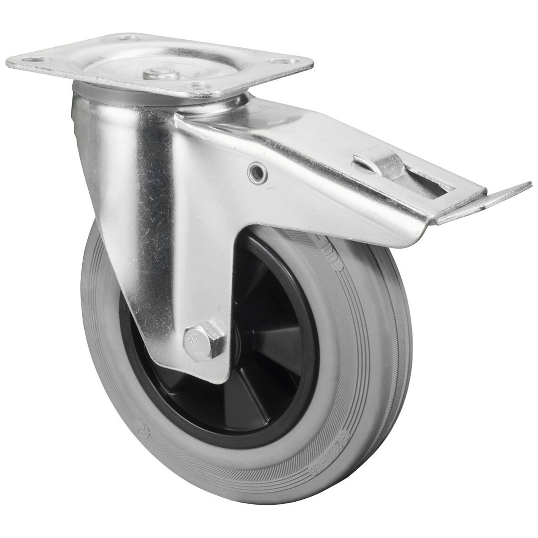 BS Rollen Transportrolle, Lenkrolle mit Totalfeststeller, Rad-Ø 200 mm, Tragf. 205 kg, Gummi grau, Bauhöhe 237 mm, Rollenlager