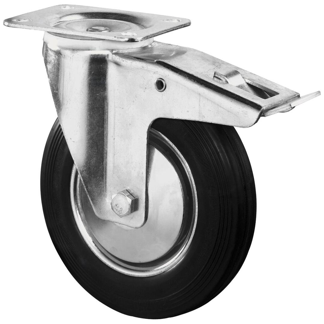 BS Rollen Transportrolle, Lenkrolle mit Totalfeststeller, Rad-Ø 200 mm, Tragf. 205 kg, Gummi schwarz, Bauhöhe 235 mm, Rollenlager
