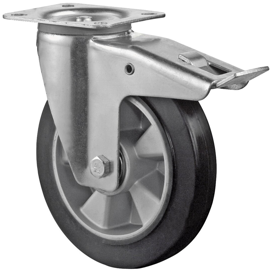 BS Rollen Lenkrolle mit Totalfeststeller, Rad-Ø 250 mm, Tragf. 450 kg, Elastik schwarz, Platte, Bauhöhe 304 mm