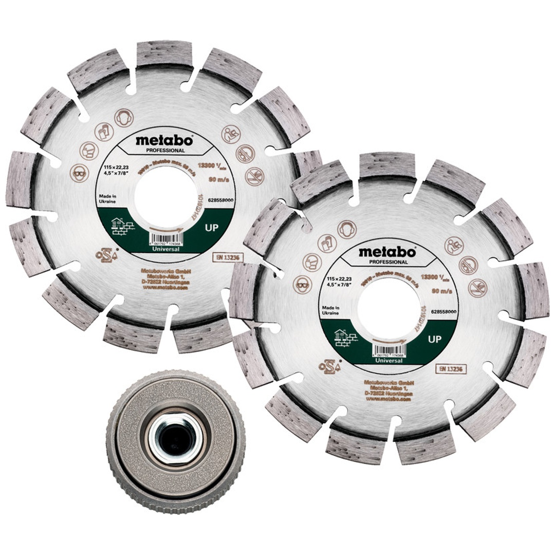 Metabo Set: 2xDiamanttrennscheibe 115x22,23mm, UP+ 1xQuickspannmutter M 14