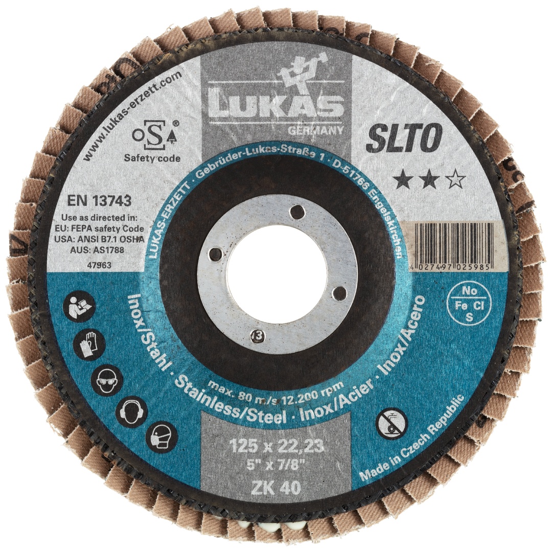 LUKAS-ERZETT LUKAS Fächerschleifscheibe SLTR universal Ø 125 mm Zirkonkorund Korn 120, schräg