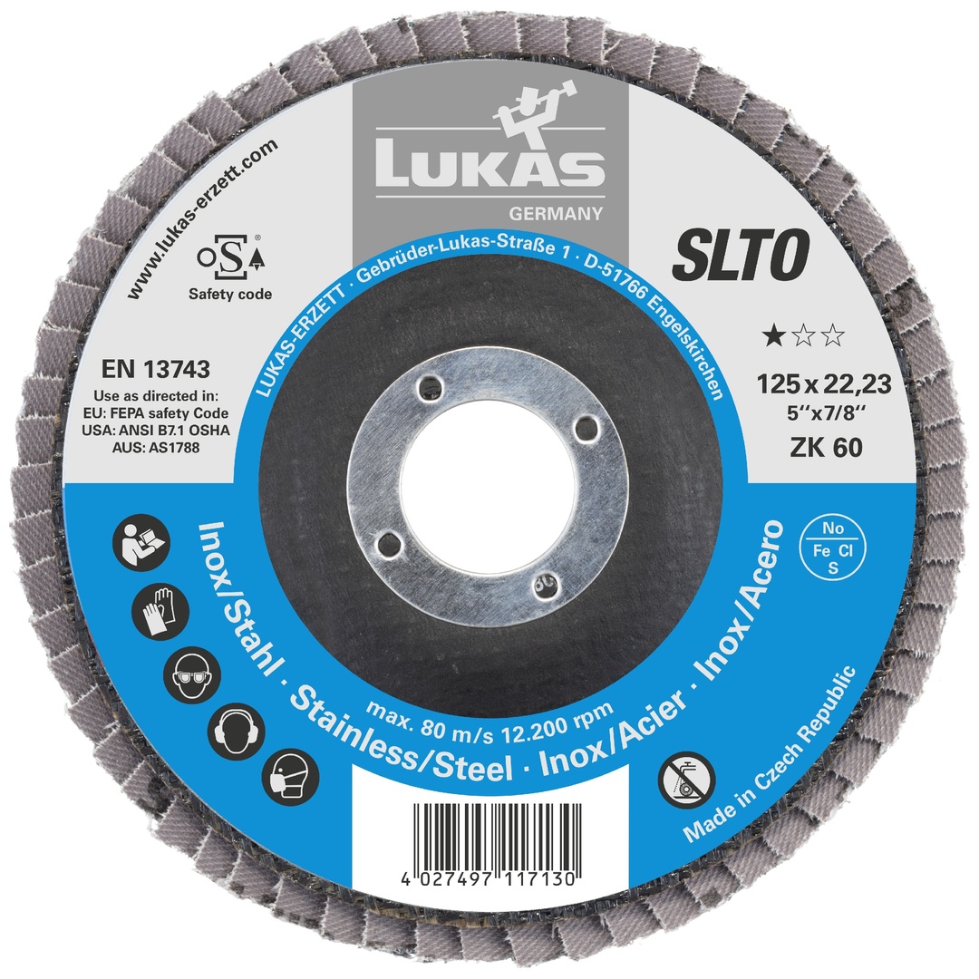 LUKAS-ERZETT LUKAS Fächerschleifscheibe SLTR universal Ø 125 mm Zirkonkorund Korn 80, schräg,  BASE-X