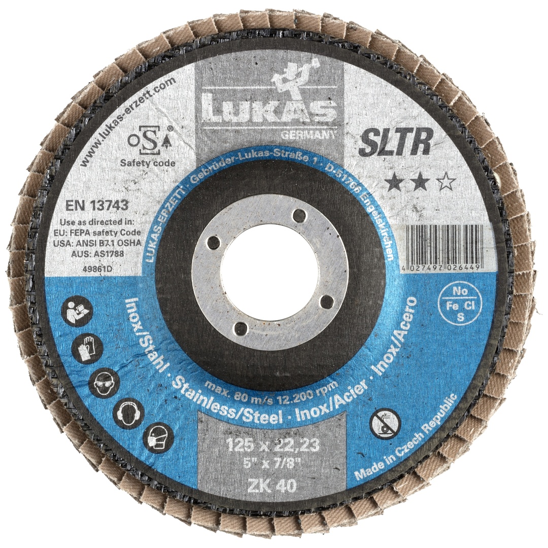 LUKAS-ERZETT LUKAS Fächerschleifscheibe SLTR universal Ø 125 mm Zirkonkorund Korn 40, schräg